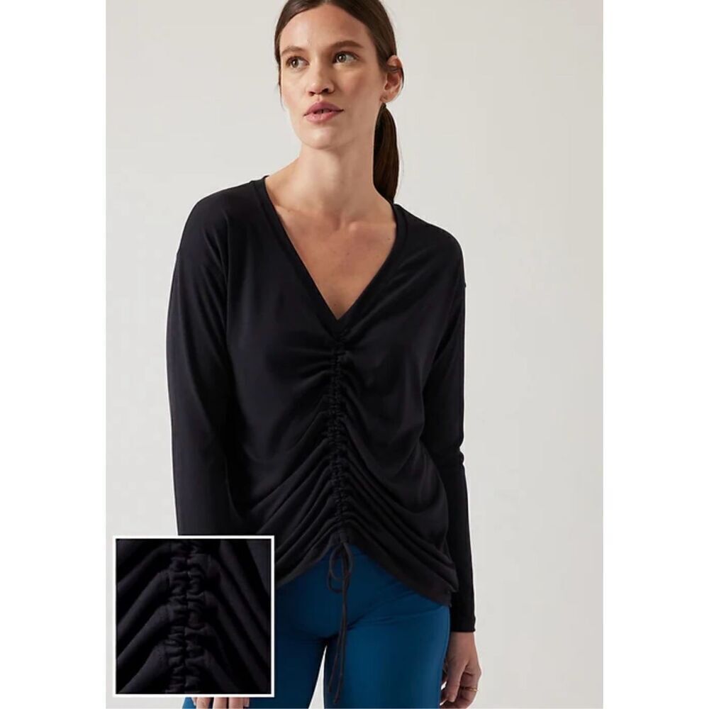 Athleta Crossover Ruched Top size M Black V-neck Long Sleeve Athleisure